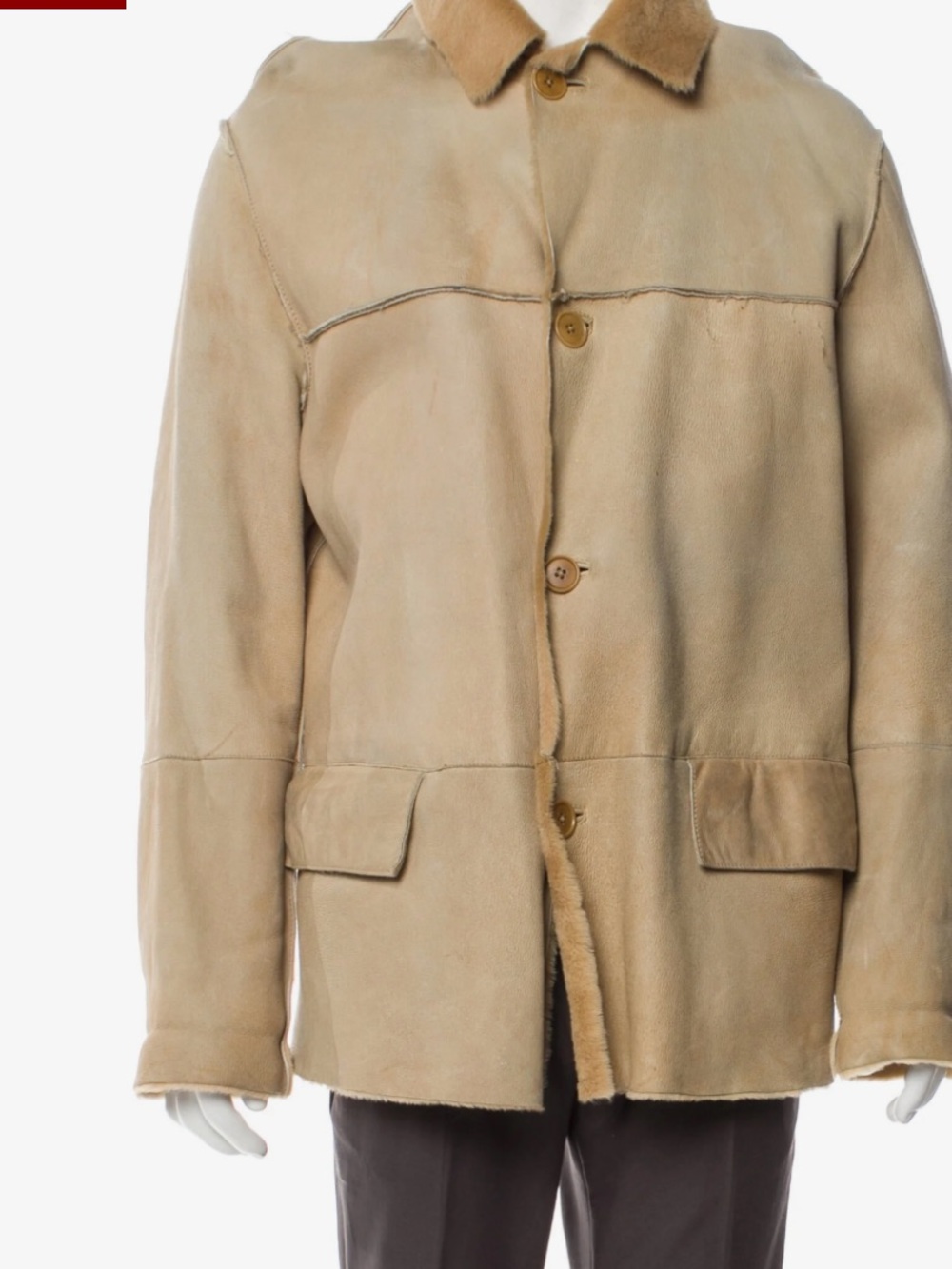 JOHN VARVATOS Beige Leather Suede Shearling Button Up Luxury Coat, Size 52